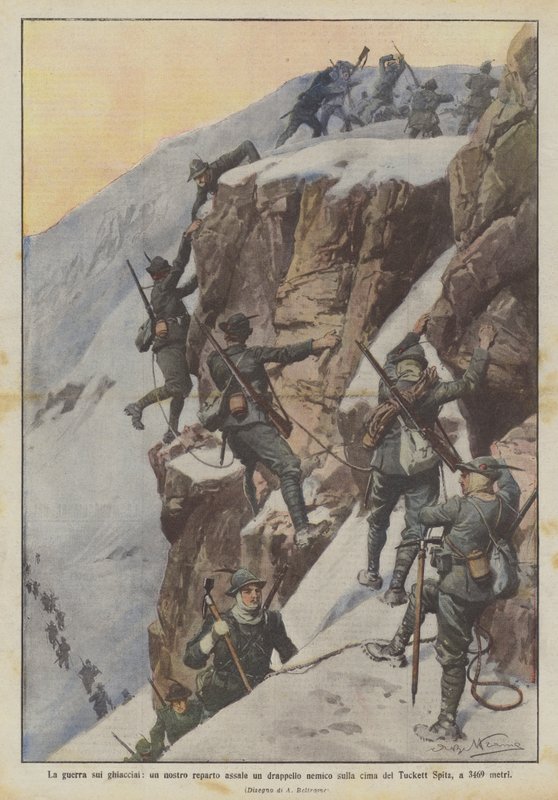 Krigen mod gletsjerne, en af ​​vores enheder angriber en fjendtlig trup på toppen af ​​Tuckett Spitz, på 3469 meter af Achille Beltrame