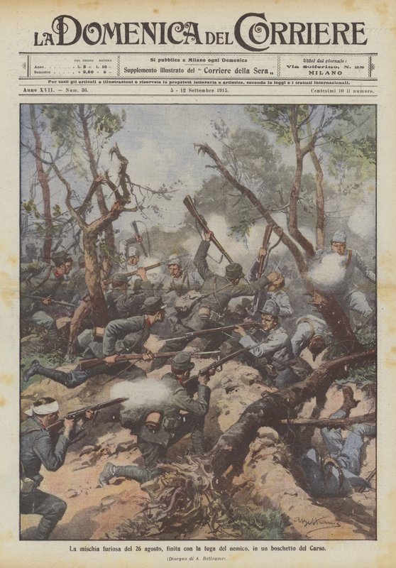 Den rasende nærkamp den 26. august, som endte med fjendens flugt, i en lund i Karst af Achille Beltrame