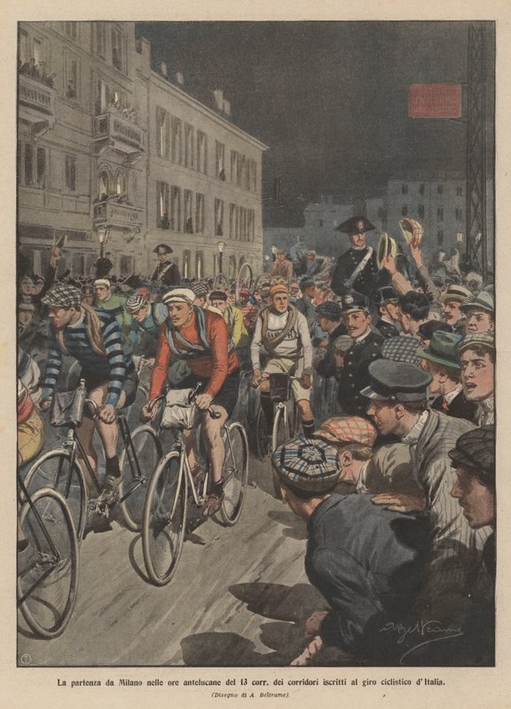 Afgang fra Milano tidligt om morgenen den 13. juni for de ryttere, der deltager i Italiens Rundt. af Achille Beltrame