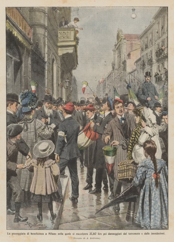Velgørenhedsvandringen i Milano, hvor der blev indsamlet 35.367 lire til ofrene for ? af Achille Beltrame