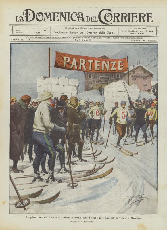 Italiens første vinterturismekaravane på Spluga, nationale skiløb i Madesimo af Achille Beltrame