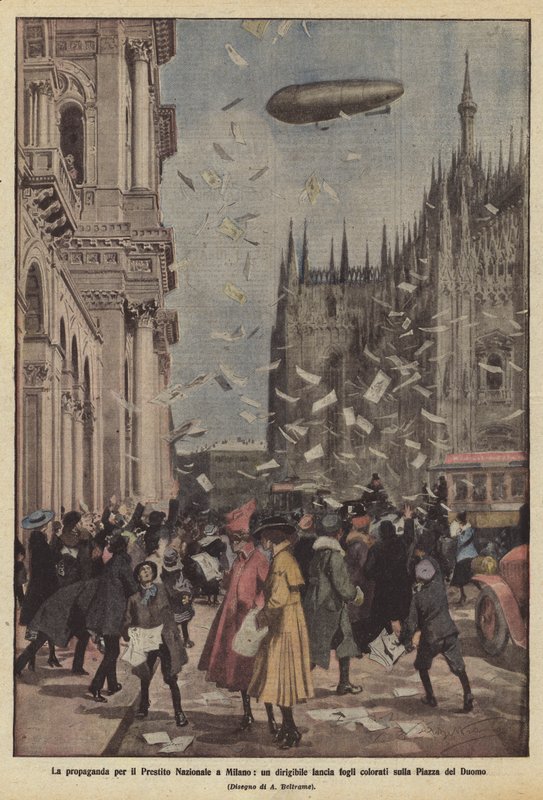 Propagandaen for det nationale lån i Milano, et luftskib lancerer farvede ark på Piazza del Duomo af Achille Beltrame