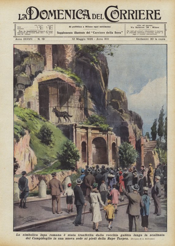 Den symbolske romerske hun-ulv blev flyttet fra det gamle bur langs trappen til? af Achille Beltrame