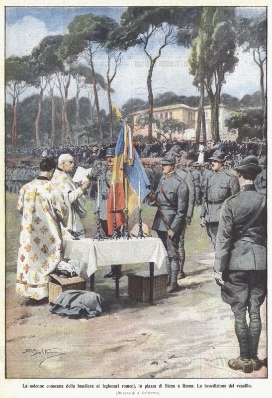 Den højtidelige overdragelse af flaget til de rumænske legionærer på Piazza di Siena i Rom af Achille Beltrame