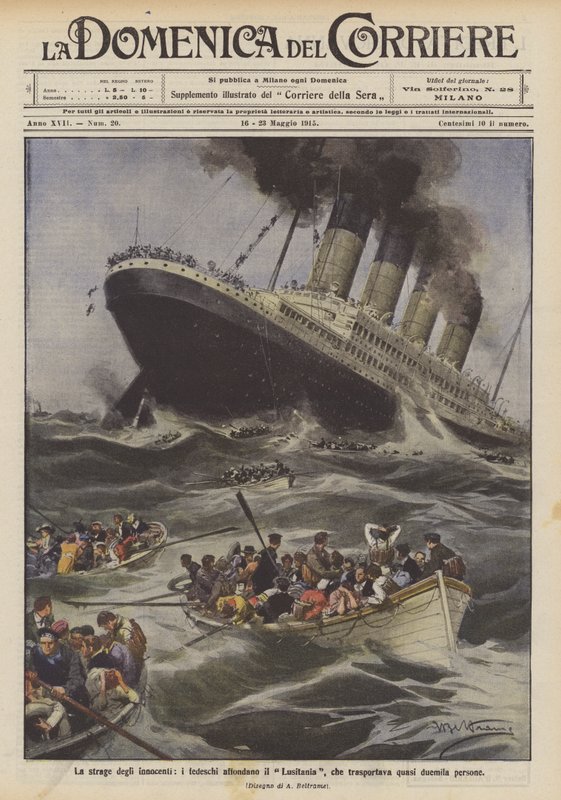 Massakren af ​​de uskyldige, tyskerne sænker Lusitania, som transporterede næsten to tusinde mennesker af Achille Beltrame