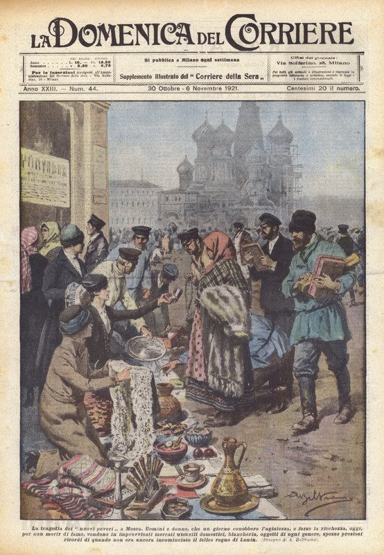 Tragedien om de nye fattige i Moskva (farve litho) af Achille Beltrame