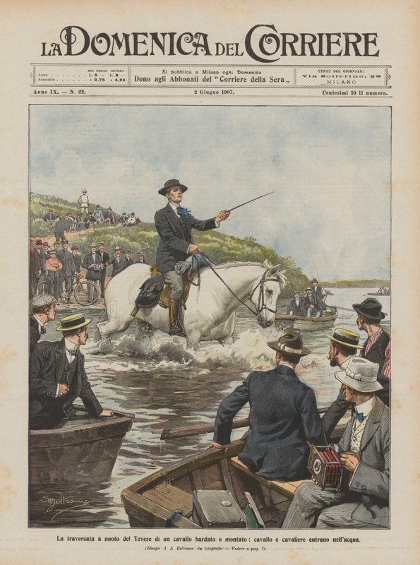 En spændt og monteret hest svømmer over Tiberen, hest og rytter går i vandet af Achille Beltrame