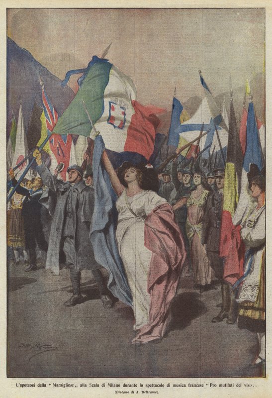 Lapotheosis of the Marseillaise på La Scala i Milano under det franske musikshow Pro mutilati delface af Achille Beltrame