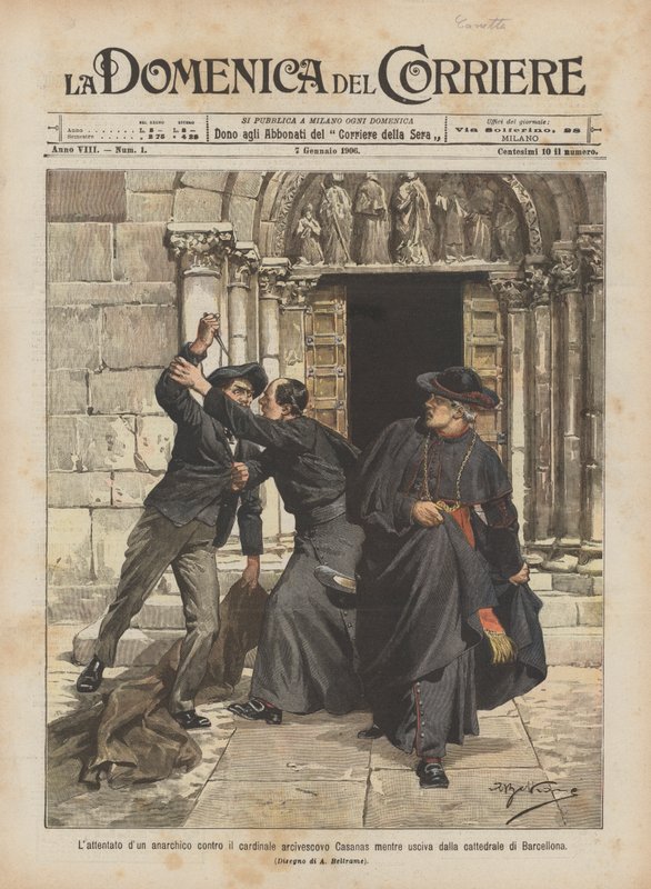 En anarkist angreb kardinal ærkebiskop Casanas, da han forlod Barcelona-katedralen af Achille Beltrame