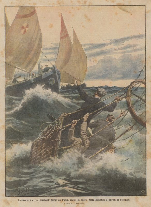 Eventyret om tre flyvere, der forlod Rom, faldt ned i det åbne Adriaterhav og blev reddet af fiskere af Achille Beltrame