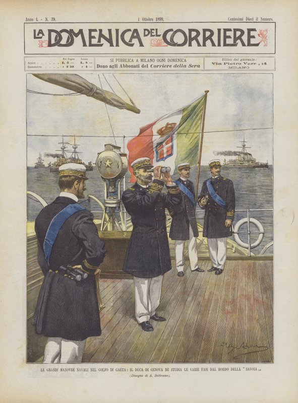 De store flådemanøvrer i Gaeta-bugten, hertugen af ​​Genova studerer de forskellige faser fra kanten af ​​Savoyen af Achille Beltrame