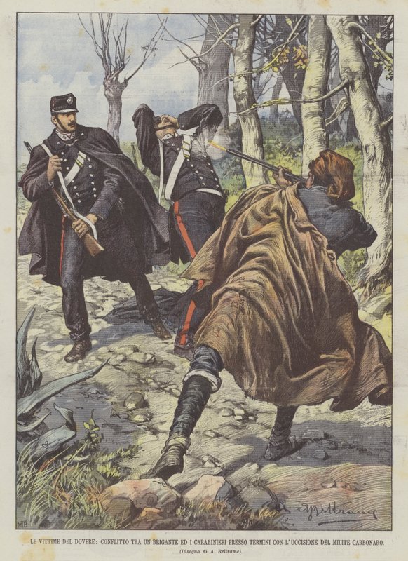 Ofrene for Pligt, Konflikt mellem en Brigand og Carabinieri Ved Termini Med Drabet? af Achille Beltrame