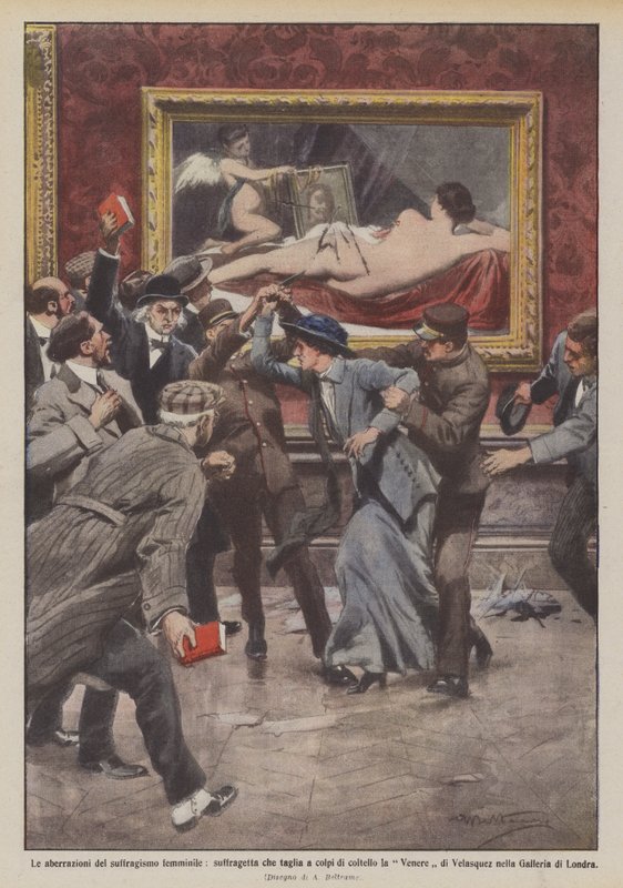 Den kvindelige suffragismes afvigelser, suffragette, der skærer Venus med en kniv? af Achille Beltrame