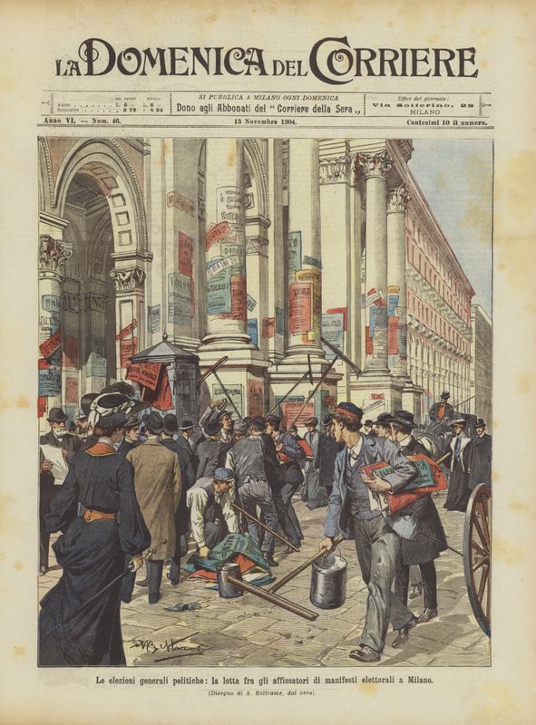 De almindelige politiske valg, kampen mellem opsætningen af ​​valgplakater i Milano af Achille Beltrame