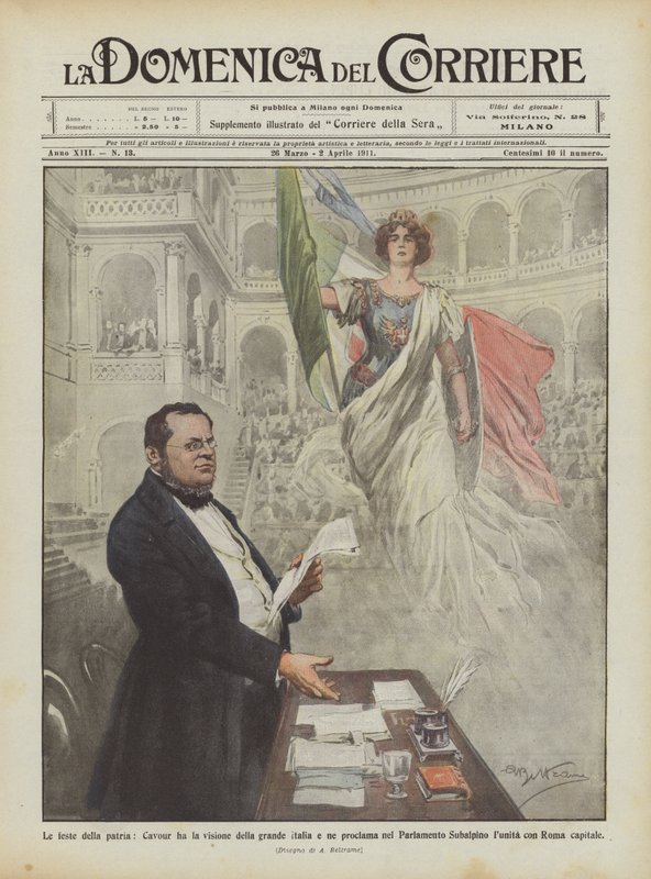 Fædrelandets fester, Cavour har visionen om et stort Italien og proklamerer i parlamentet ? af Achille Beltrame