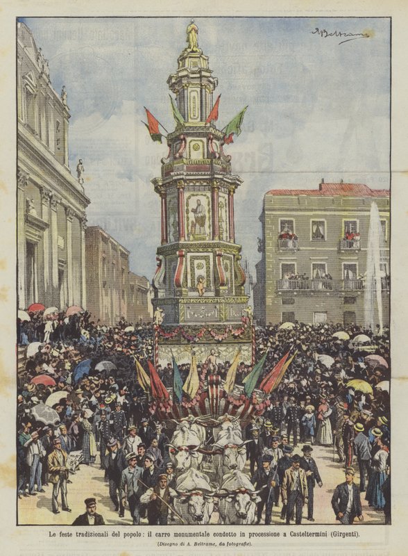 Folkets traditionelle festivaler, den monumentale vogn båret i procession til Casteltermini (Girgenti) af Achille Beltrame