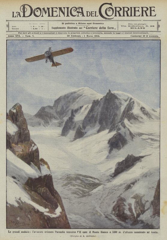 Den store vovehals, den schweiziske flyver Parmelin krydser Mont Blanc i 5300 meters højde på 11. løb? af Achille Beltrame