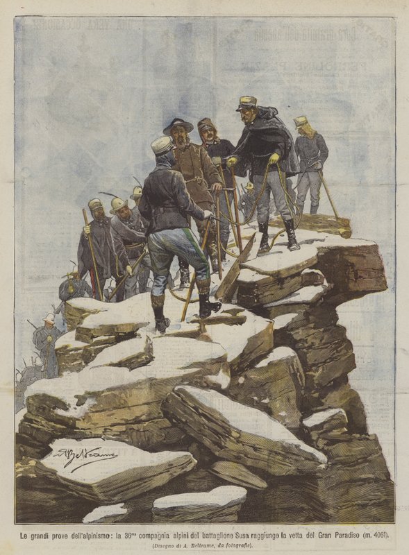 De store prøver i bjergbestigning, det 36. alpine kompagni af Susa-bataljonen når toppen ? af Achille Beltrame