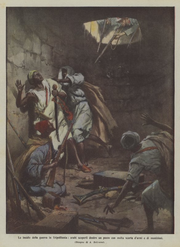 Krigens faldgruber i Tripolitania, araberne opdagede inde i en brønd med masser af våben og ammunitionsforsyninger af Achille Beltrame