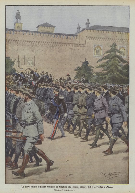De nye militser i Italien, civilklædte frivillige ved militærmagasinet i november II i Milano af Achille Beltrame