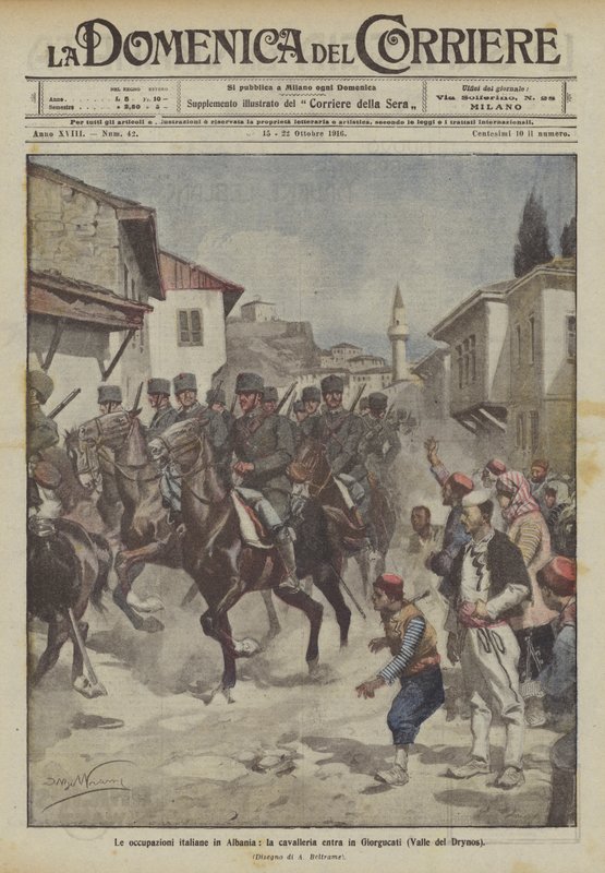De italienske besættelser i Albanien, kavaleriet går ind i Giorgucati (Drynos-dalen) af Achille Beltrame
