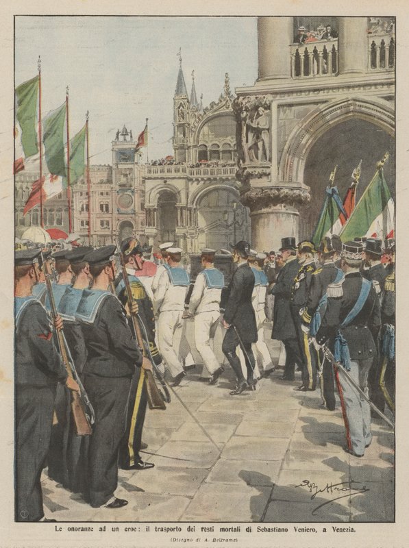 Hyldest til en helt, transport af Sebastiano Venieros jordiske rester i Venedig af Achille Beltrame