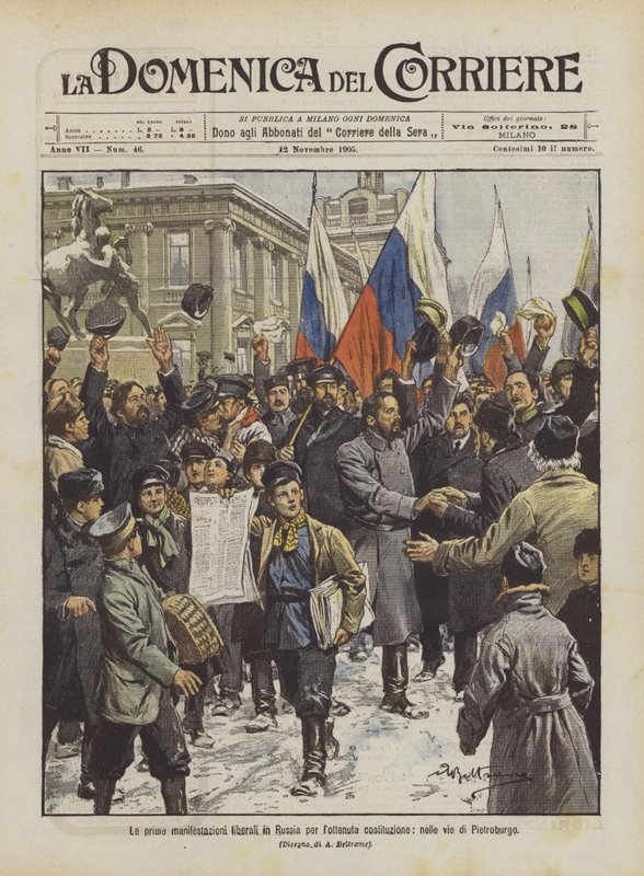 De første liberale demonstrationer i Rusland for en bevaret forfatning i Sankt Petersborgs gader. af Achille Beltrame