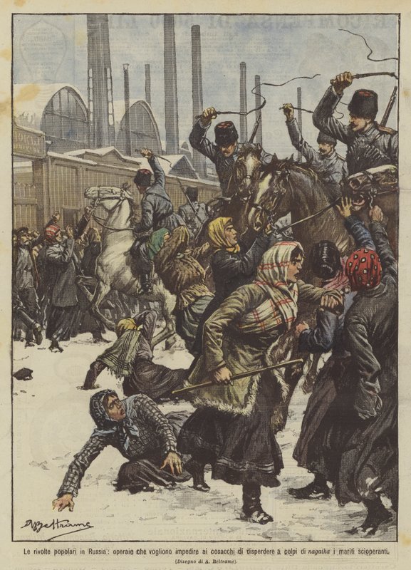 De folkelige opstande i Rusland, arbejdere, der ønsker at forhindre kosakkerne i at sprede sig ? af Achille Beltrame
