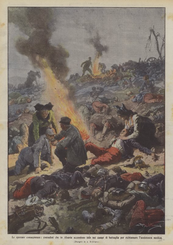 De nådesløse konsekvenser, bønder, der i Alsace tænder bål på slagmarkerne for? af Achille Beltrame