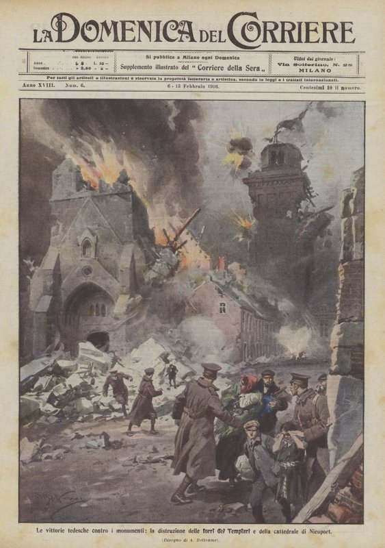 De tyske sejre mod monumenterne, ødelæggelsen af ​​tempelriddernes tårne ​​og katedralen i Nieuport af Achille Beltrame