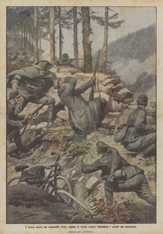 Heroisk død af oberst Viola, skudt i panden, mens han slog fjender med en musket af Achille Beltrame