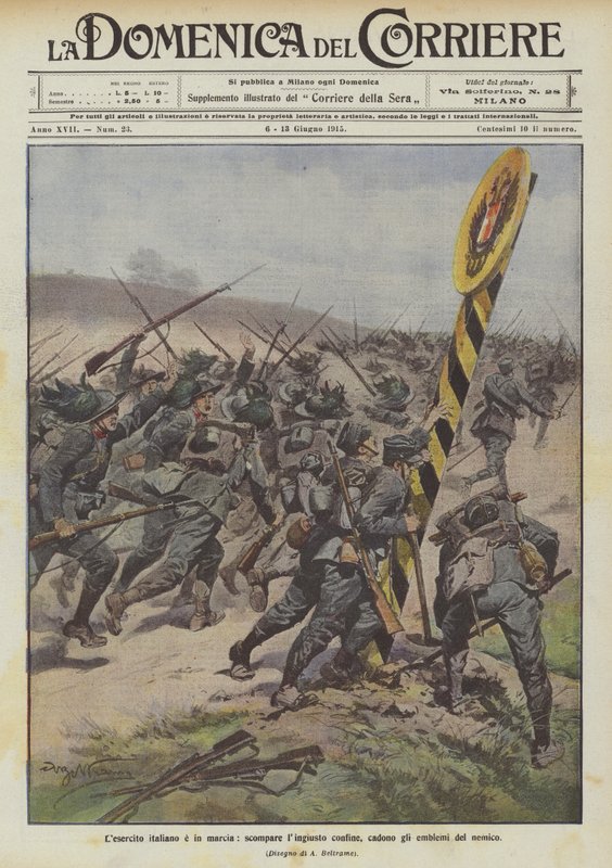 Den italienske hær er på march, den højre grænse forsvinder, fjendens emblemer falder af. af Achille Beltrame
