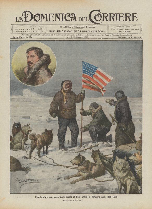 Den amerikanske opdagelsesrejsende Cook placerer det amerikanske flag på den arktiske pol af Achille Beltrame