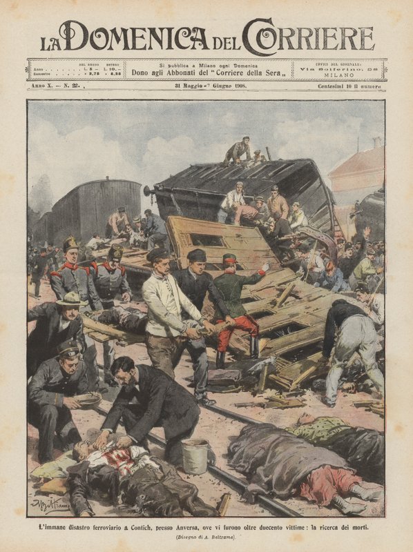 Limmane-jernbanekatastrofen i Contich nær Antwerpen, hvor over to hundrede mennesker omkom, eftersøgning af de døde af Achille Beltrame