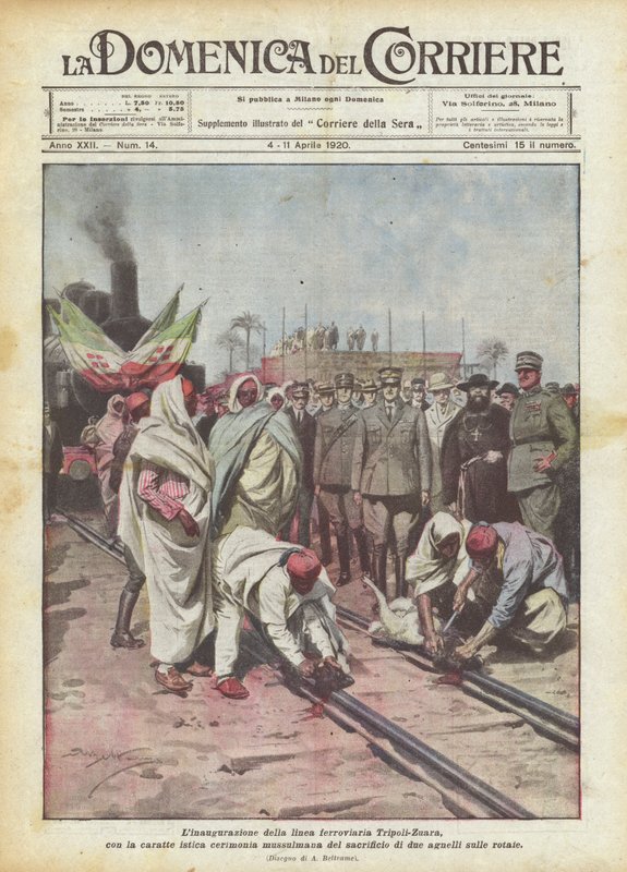 Indvielsen af ​​jernbanelinjen Tripoli-Zuara, med den karakteristiske muslimske ceremoni? af Achille Beltrame