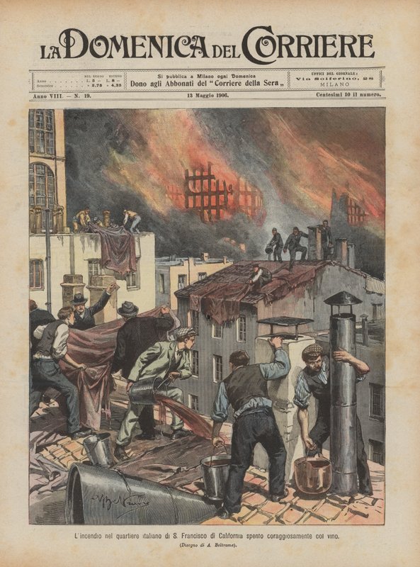Brand i det italienske kvarter i S Francisco i Californien bravt slukket med vin af Achille Beltrame
