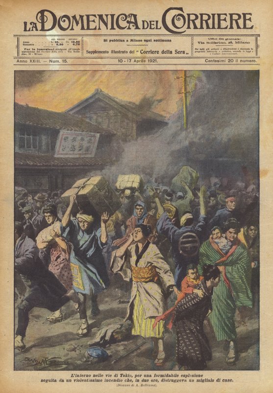 Helvede i Tokyos gader, for en formidabel eksplosion efterfulgt af en meget voldsom brand? af Achille Beltrame