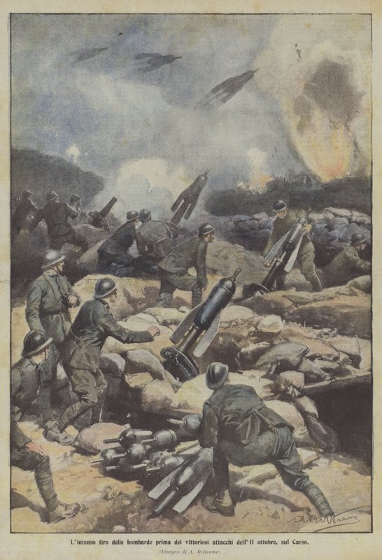 Den intense affyring af bombarder før de sejrrige angreb den 11. oktober på Carso af Achille Beltrame