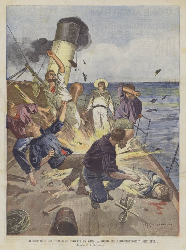 Sprængning af en torpedo fundet på havet om bord på slæbebåden John Bull af Achille Beltrame