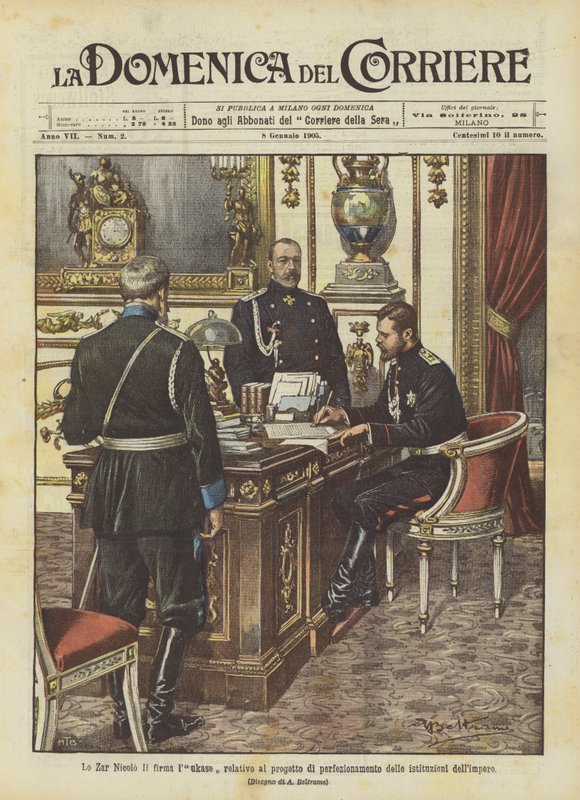 Zar Nikolaus II underskriver lukasen om projektet til forbedring af imperiets institutioner af Achille Beltrame