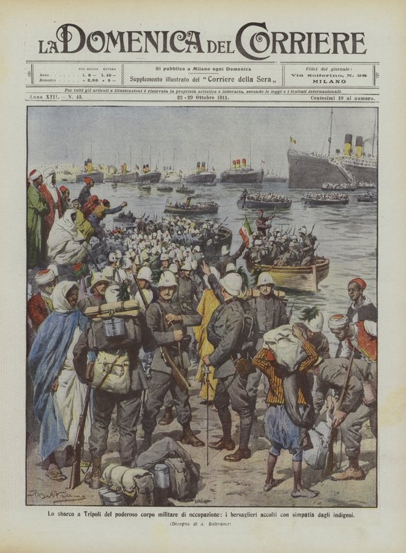 Landgangen i Tripoli af det magtfulde militære besættelseskorps, bersaglieri, der blev modtaget af de indfødte af Achille Beltrame