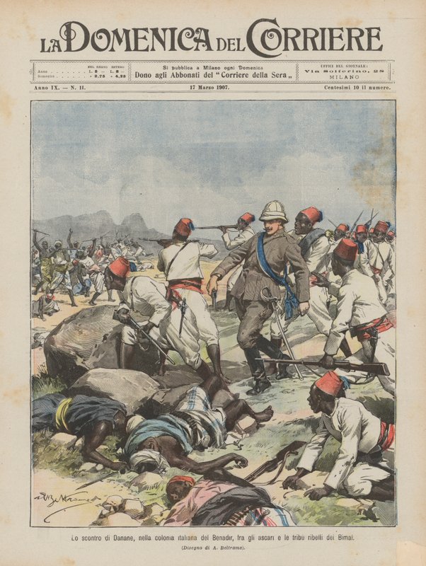 Sammenstød i Danane i den italienske koloni Benadir mellem Ascari- og Bimal-stammerne, der var oprørere. af Achille Beltrame