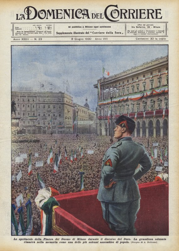Skuespillet på Piazza del Duomo i Milano under Duce-talen af Achille Beltrame