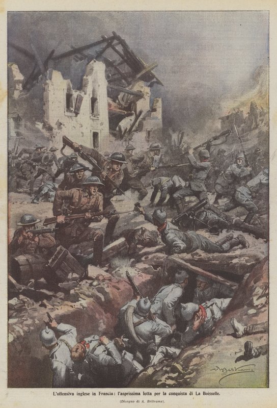 Den britiske offensiv i Frankrig, den allerførste kamp for erobringen af ​​La Boisselle af Achille Beltrame