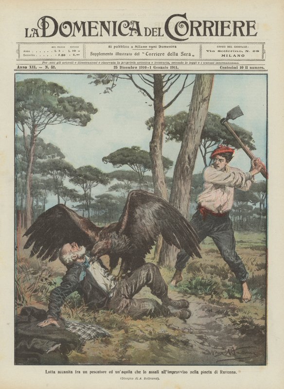 En hård kamp mellem en fisker og en ørn, der pludselig angriber ham i Ravenna fyrreskoven. af Achille Beltrame