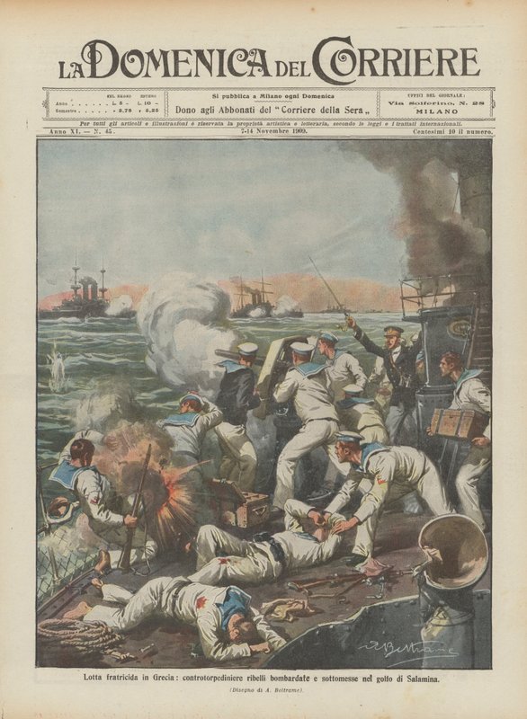 Brødrekamp i Grækenland, oprørernes torpedobåde bombarderes og nedkæmpes i Salamisbugten af Achille Beltrame