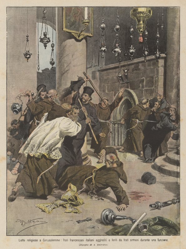 Religiøse kampe i Jerusalem, italienske franciskanermestre angrebet og såret af armenske brødre under en gudstjeneste af Achille Beltrame