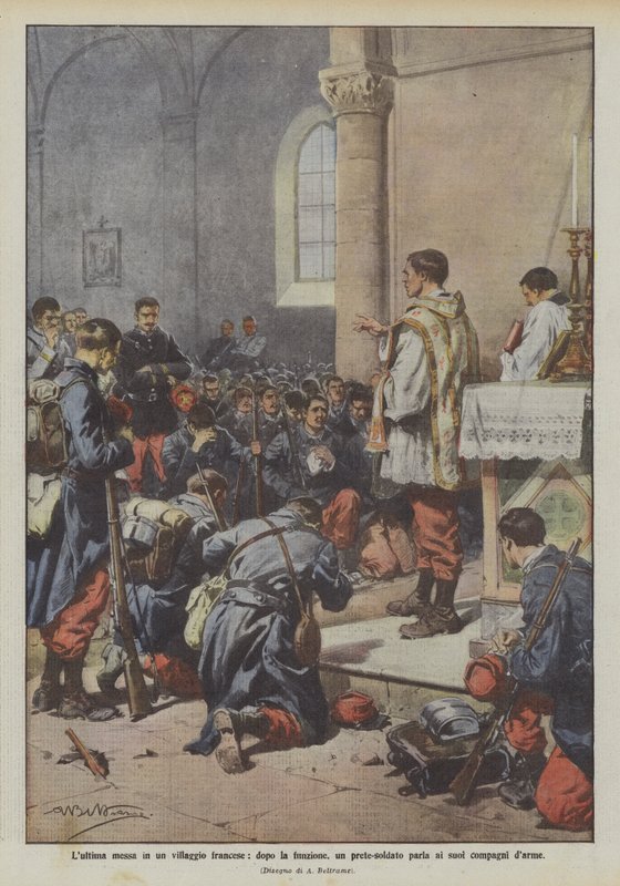Den sidste messe i en fransk landsby, efter gudstjenesten, taler en soldat-præst til sine kammerater af Achille Beltrame