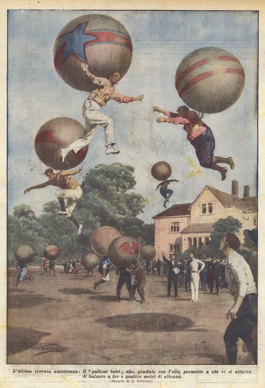 Den seneste amerikanske opfindelse, babyballonen, som, når den er oppustet med helium, gør det muligt for dem, der sætter sig fast på den, at? af Achille Beltrame