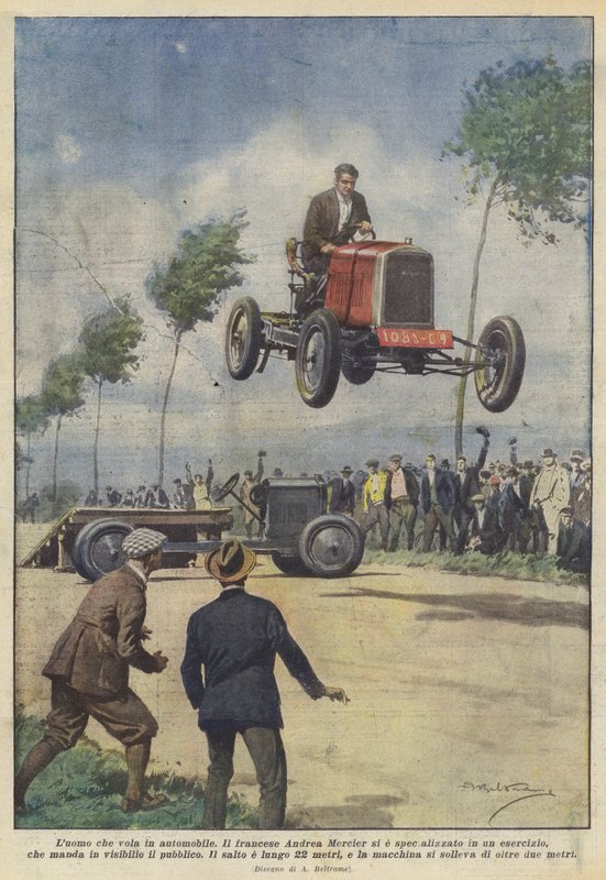Mand, der flyver i en bil af Achille Beltrame